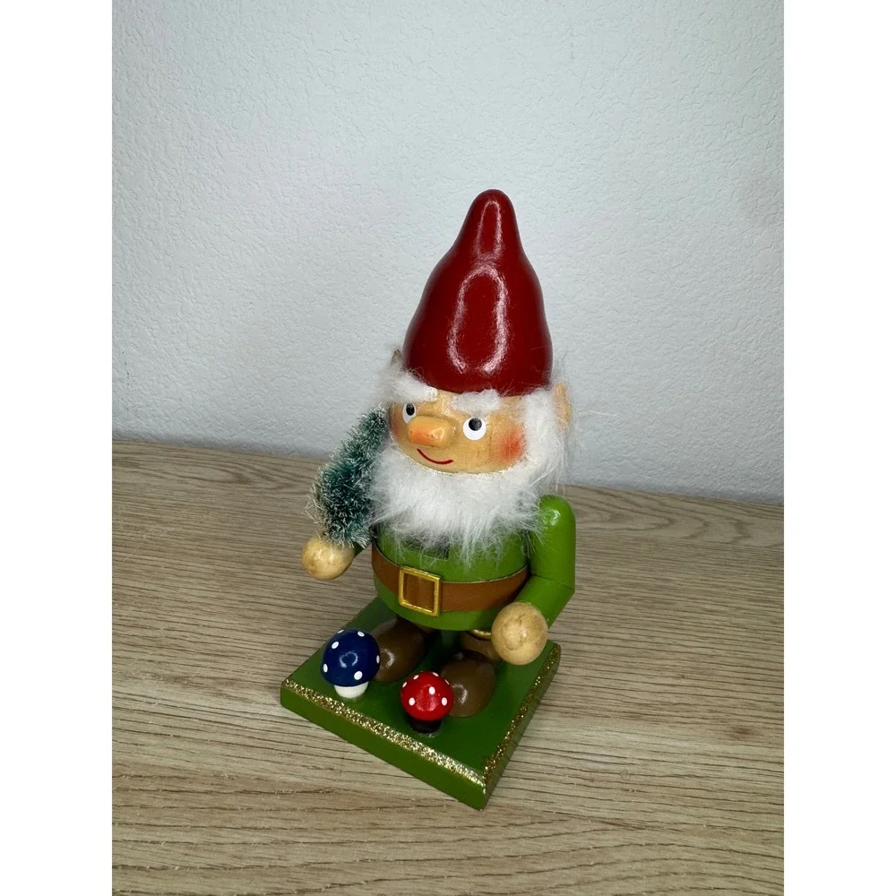 Hobby Lobby Gnome Nutcracker Wooden Christmas Decor Red Green Mushroom 7.5 Inch